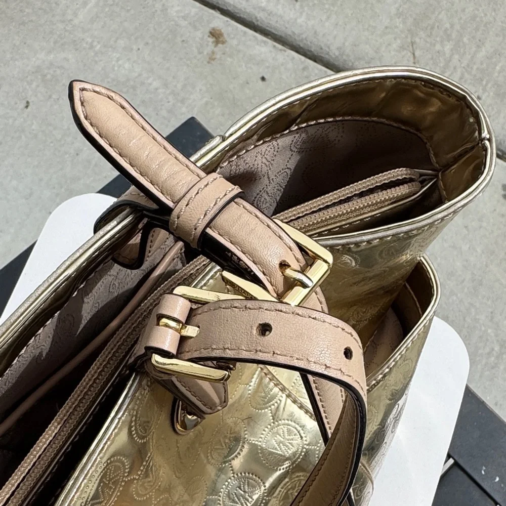 Michael Kors Gold Metallic Embossed MK Tote with Tan Handles - Picture 4 of 13